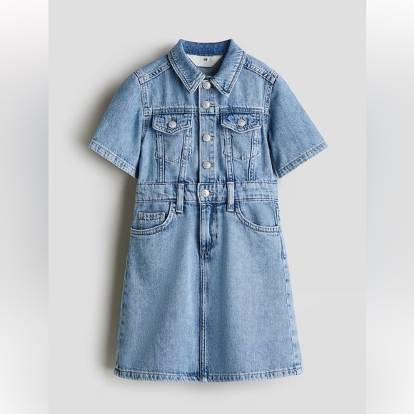H&M Other - H&M Girls Blue Denim Dress Size 5 Snap Front Short Sleeves